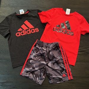 Adidas red and camo shorts set